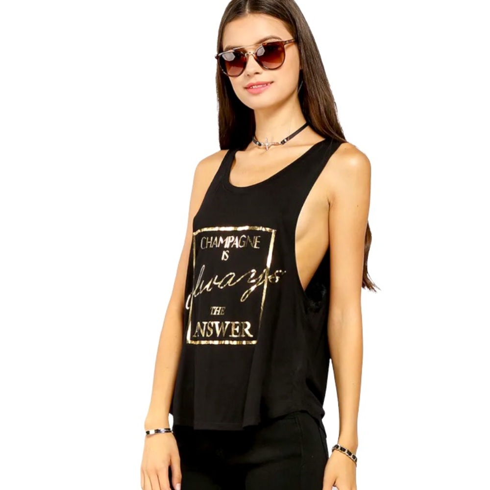Popular Basics Sz. S. "Champagne Is Always The Answer" Black & Gold Tank Top